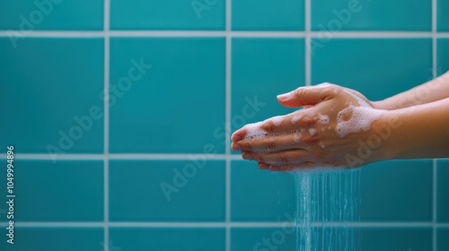 Person Washing Hands in Bright Bathroom Setting photo