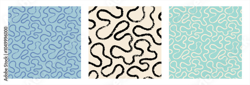 Brush, chalk, crayon drawn continuous line, uneven wriggling grungy stripe seamless vector pattern. Doodle, uneven free hand drawn endless wavy, winding line. Chaotic groovy ornament, background.