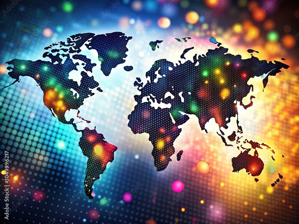 Obraz premium Visualize global distribution patterns with black dots on a world map, showcasing key data trends and insights for a clearer understanding of regional variations.