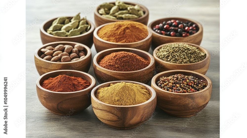 Variety of Spices in Wooden Bowls on a Table Variety of Spices in Wooden Bowls on a Table