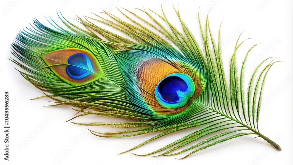 Obraz premium Vivid peacock feather on a white background, perfect for elegant wallpaper and design inspiration. Features dynamic diagonal patterns that enhance any artistic space beautifully.