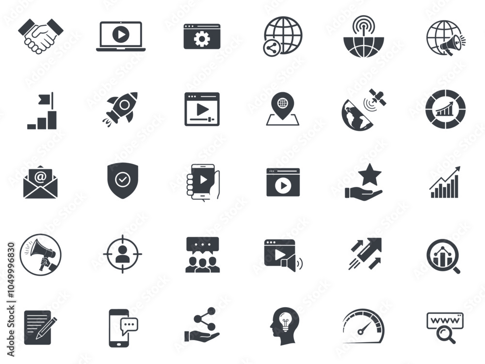 A set of 28 digital marketing icons depicting key aspects of online business such as growth, strategy, success, engagement, and communication A set of 28 digital marketing icons depicting key aspects of online business such as growth, strategy, success, engagement, and communication