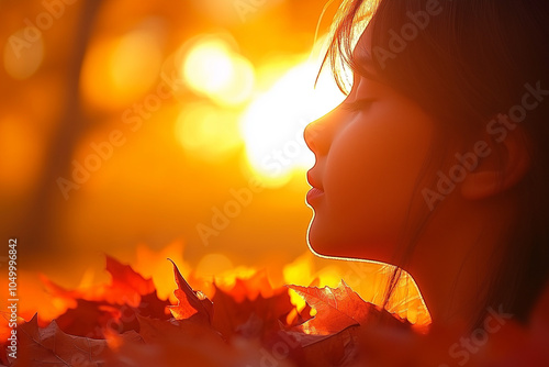 portrait jeune fille contre jour, automne, feuilles mortes, sourire, visage photo