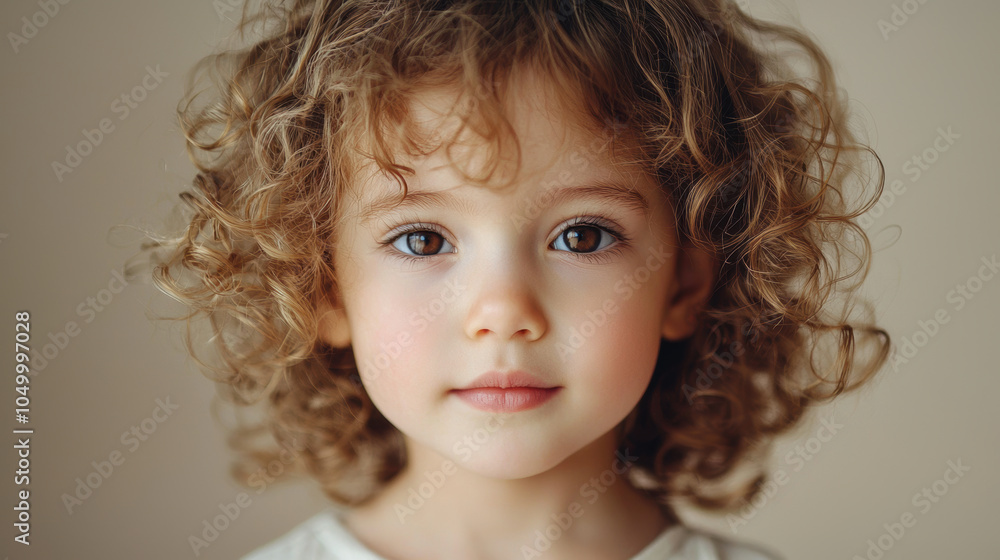 Minimalist portrait of a child with curly hair, light beige background, soft and dreamy lighting, innocent expression Minimalist portrait of a child with curly hair, light beige background, soft and dreamy lighting, innocent expression