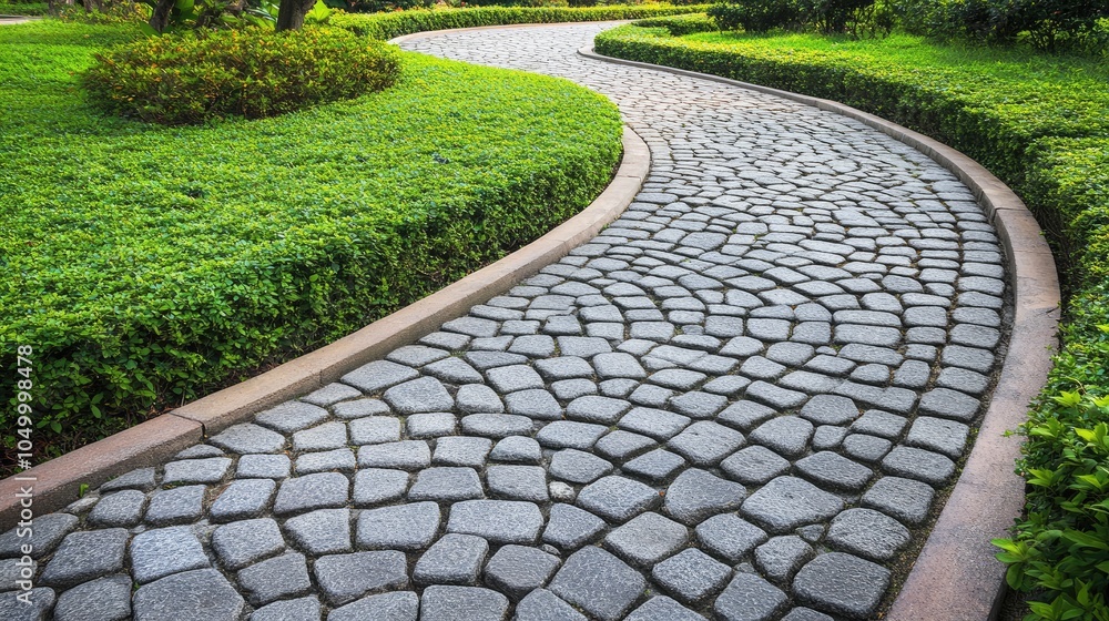 Obraz premium Curved Stone Pathway in a Lush Garden Setting