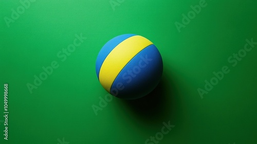 A minimalist image of a water polo ball isolated against a solid green background. The distinct blue and yellow design contrasts beautifully with the vibrant green, emphasizing its unique shape.  photo