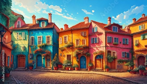 Colorful detached house in the old town and a blue sky