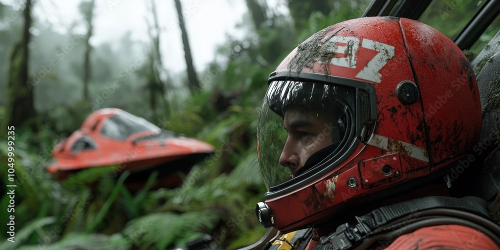 Fototapeta premium Astronaut in Red Helmet with Spaceship in Jungle