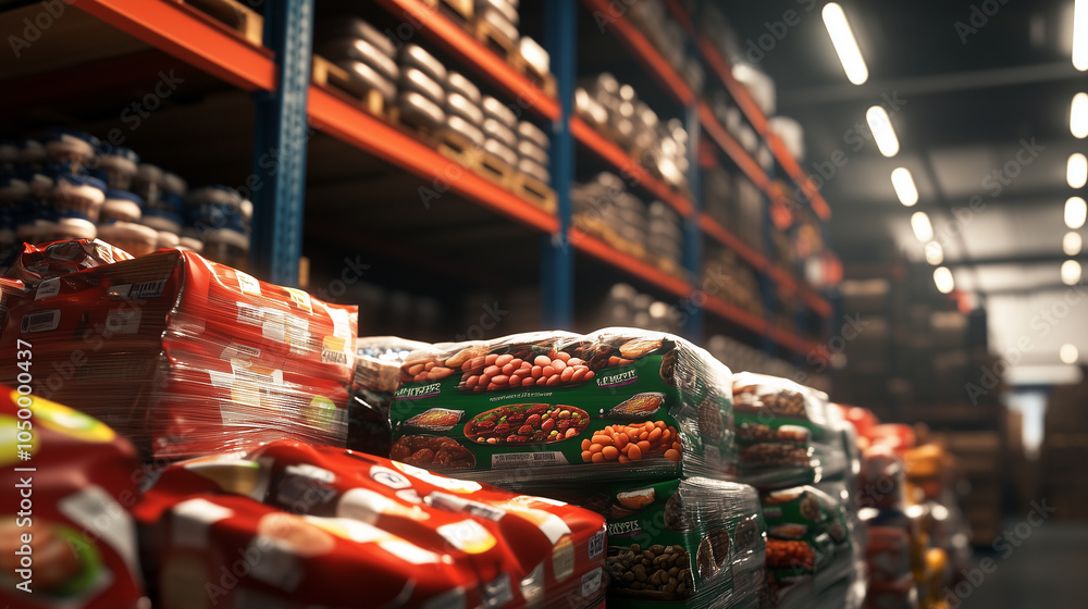 Fototapeta premium A detailed close-up of a pallet filled with various wrapped food products, the brightly lit warehouse shelves towering high in the background.