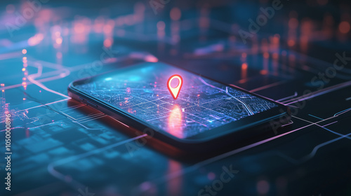 A smartphone screen displaying a glowing GPS location pin, surrounded by roadmaps and travel plans, symbolizing efficient navigation and trip planning. photo