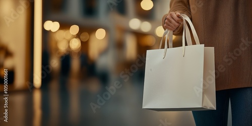 A woman holding a white shopping bag in a cozy indoor mall setting with warm lighting, creating an inviting and luxurious shopping atmosphere
