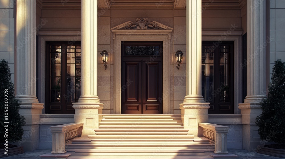 Obraz premium Opulent townhouse entrance: wide stairway flanked by Ionic columns, located in a high-end city neighborhood