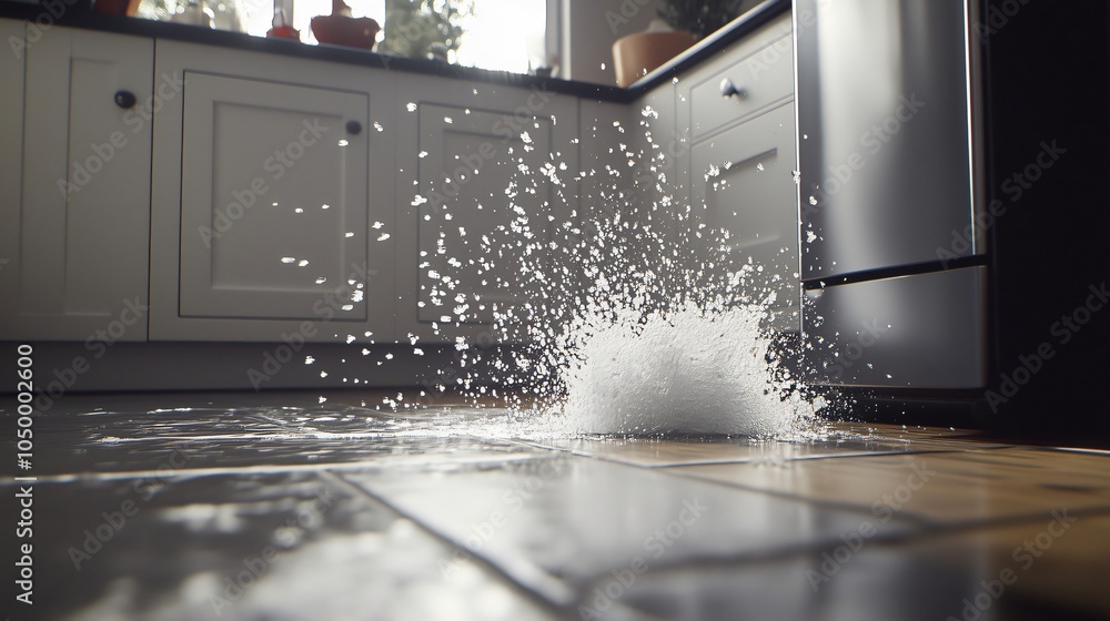 Water spilling from dishwasher onto kitchen floor, appliance malfunction causing mess Water spilling from dishwasher onto kitchen floor, appliance malfunction causing mess