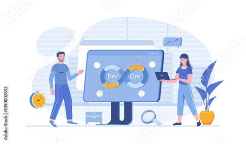 DevOps developers work with automation process in shape of infinity sign. Software development. Vector illustration with characters in flat design for web banner.	
