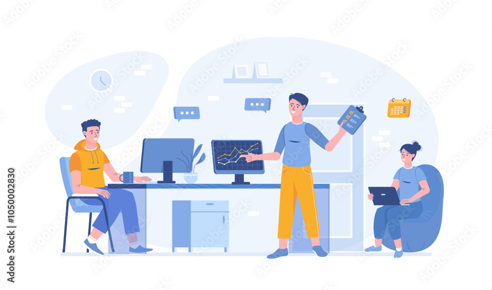 Business meeting. Colleagues discussing work, chatting communicating sitting at office desk. Vector illustration with characters in flat design for web banner.
Business meeting. Colleagues discussing work, chatting communicating sitting at office desk. Vector illustration with characters in flat design for web banner.