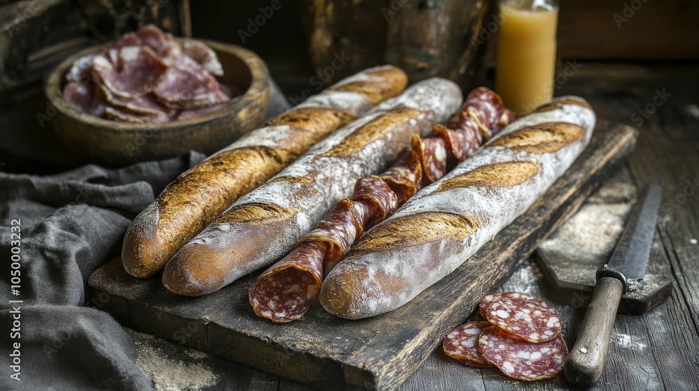 Rustic Baguettes and Cured Meats on Wooden Platter Rustic Baguettes and Cured Meats on Wooden Platter