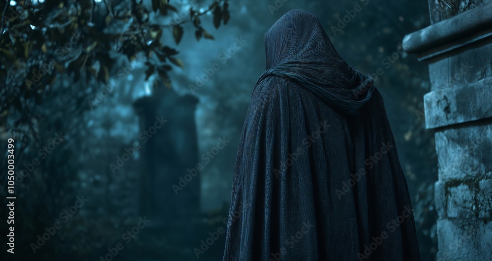 Mysterious hooded figure walking in a dark, foggy forest Mysterious hooded figure walking in a dark, foggy forest