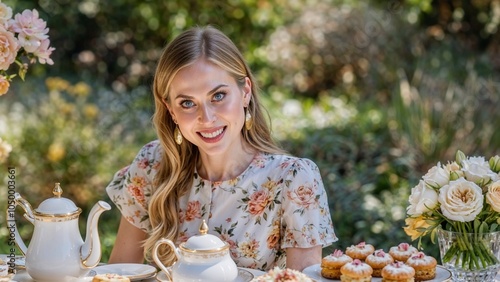 European blonde woman enjoying afternoon tea outdoors in London garden. photo