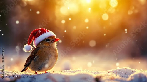 A small bird wearing a red Santa hat sits in the snow during a winter snowfall
