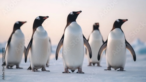 Group of Penguins Interacting on Icy Surface