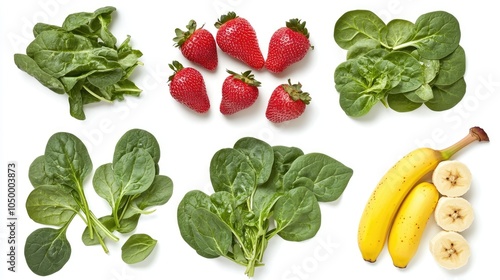 Fresh Fruits and Leafy Greens on White Background