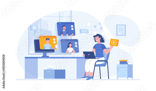 Webinar, online meeting, virtual conference on video call. People communicate online. Vector illustration with characters in flat design for web banner.	
