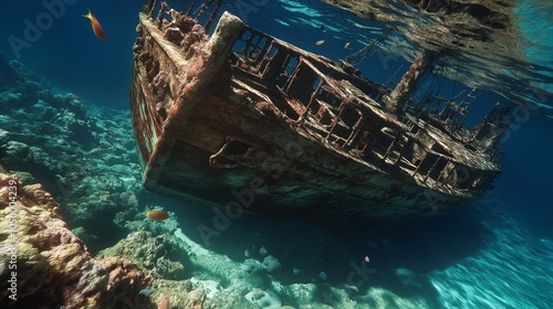 A sunken shipwreck lying on the ocean floor, covered in coral and inhabited by fish.