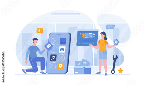 App development. Create and optimize layouts interfaces for mobile applications. Vector illustration with characters in flat design for web banner.	
