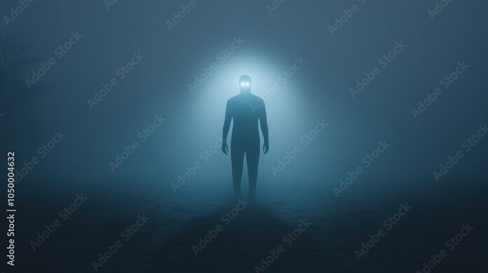 Fototapeta premium Mysterious Figure in Dark Foggy Forest