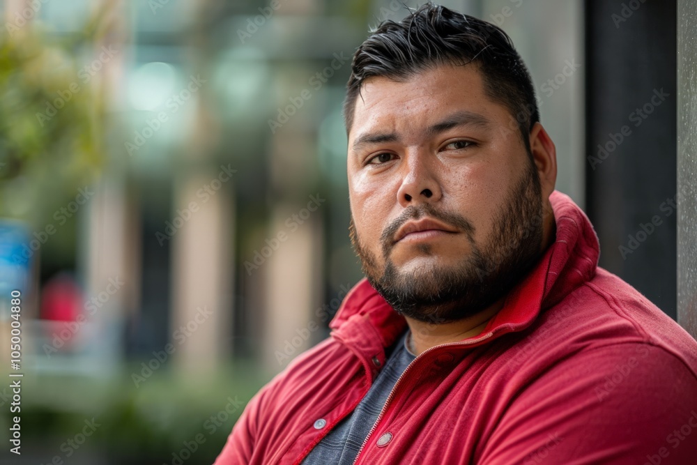 Fototapeta premium A man confidently stands outdoors in casual attire, conveying warmth and approachability with a focus on natural features and contrasting background.