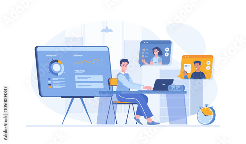 Video business conference. Online meeting, virtual video discussion with colleagues. Vector illustration with characters in flat design for web banner.	
