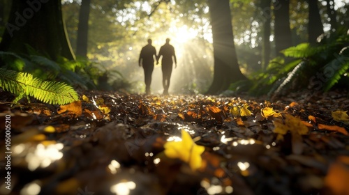 Couple Walking in Autumn Forest with Sunlight and Fallen Leaves