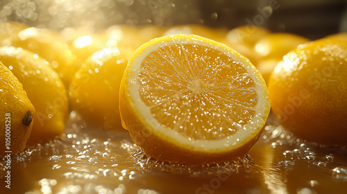 Freshly sliced lemons arranged artistically on a bright surface with water droplets glistening in the morning light