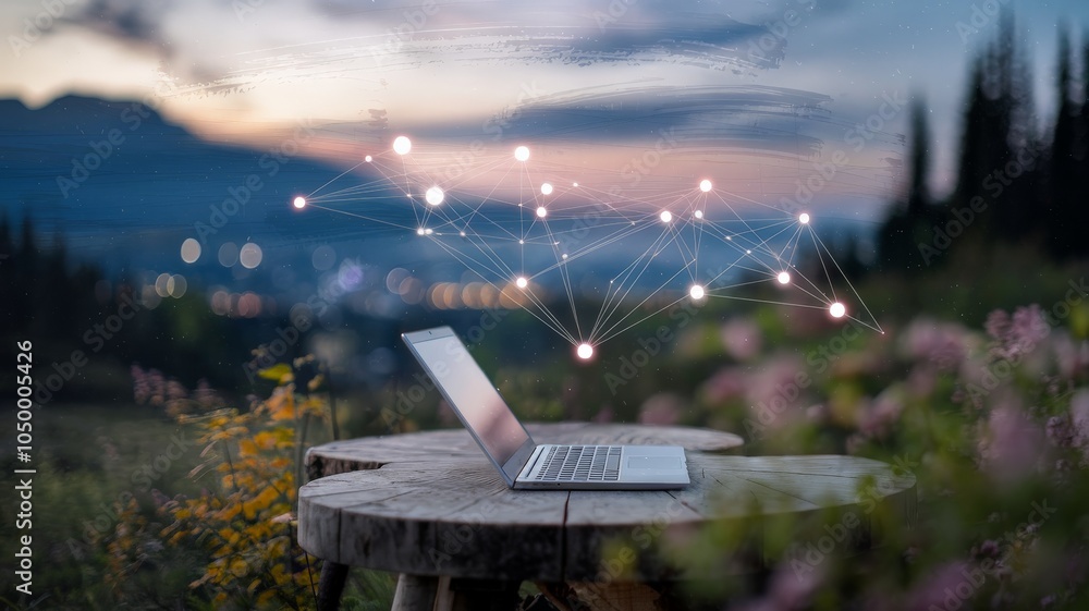 Laptop on rustic table with digital network overlay in nature
