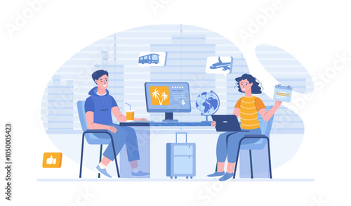 Travel agency, touristic service, tour operator. Company manager consulting client on the choosing vacation tour. Vector illustration with characters in flat design for web banner.	
