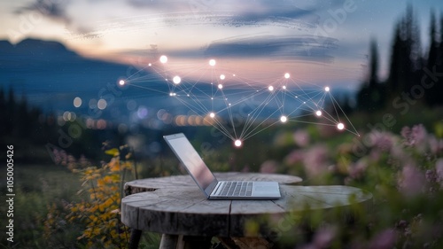 Obraz na płótnie Laptop on rustic table with digital network overlay in nature w salonie