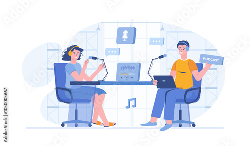Recording audio podcast. Live streaming, broadcast, news, interview, talk show, blog. Man and woman with headphones talking  to microphones.Vector illustration with characters in flat design for web	
