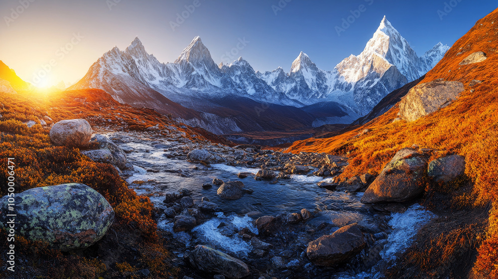 Obraz premium Sunset golden mountain, high mountain plateau scenery