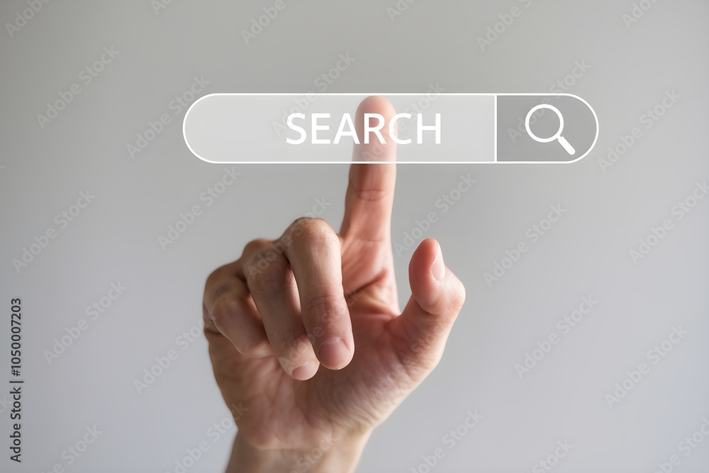 Hand poised over virtual search button, suggesting action in online exploration Hand poised over virtual search button, suggesting action in online exploration