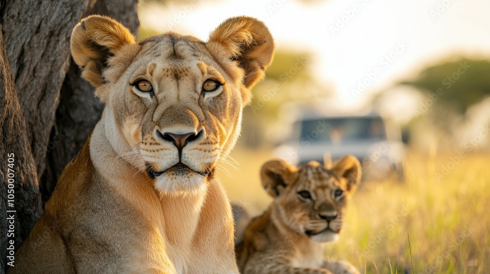 Lioness and Cubs Resting Under a Tree Lioness and Cubs Resting Under a Tree
