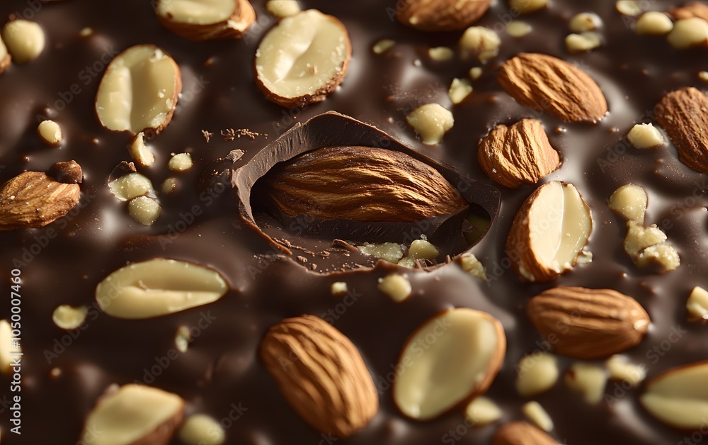 Close-up of a chocolate bar with almonds, showcasing texture and ingredients. Close-up of a chocolate bar with almonds, showcasing texture and ingredients.