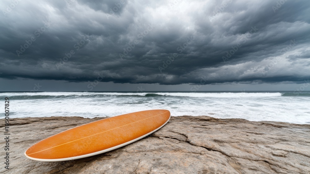 Surfboard on Rocky Shoreline Under Dark Clouds Surfboard on Rocky Shoreline Under Dark Clouds