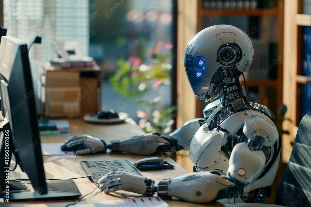Fototapeta premium A humanoid robot is intently working at a computer desk, showcasing advanced technology and AI integration, symbolizing future work environments.