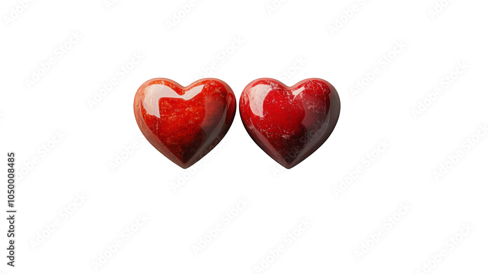 Two Shiny Red Heart Decorations on a Plain Background Two Shiny Red Heart Decorations on a Plain Background