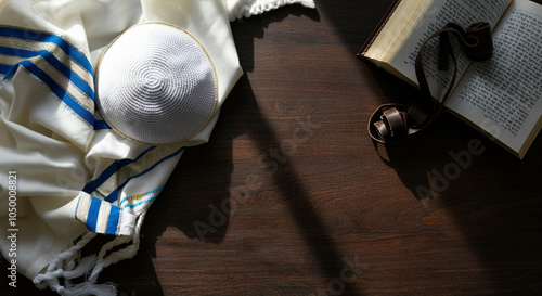 Kippah and prayer shawl on a wooden table with a book and tefillin nearby during religious rituals or ceremonies photo