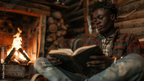 Wallpaper Mural Vacation holiday time and nice time spending concept. Young African-American man in sweater sitting and reading a laptop working in cozy rustic wooden house with fireplace Torontodigital.ca