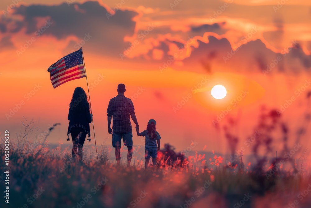 Fototapeta premium A family trio, carrying an American flag, walks through a field during a stunning sunset, evoking themes of patriotism, freedom, and familial love and unity.