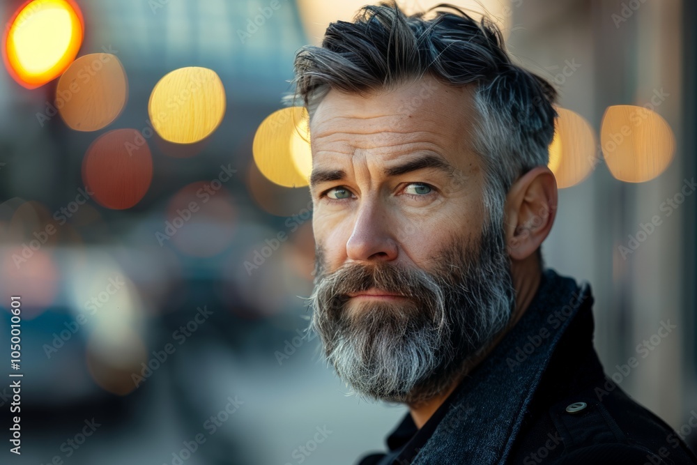 A mature man with gray hair is captured in the evening city's ambient light, presenting an image that combines urban sophistication with personal introspection. A mature man with gray hair is captured in the evening city's ambient light, presenting an image that combines urban sophistication with personal introspection.