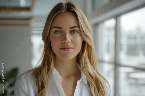 Free Download A confident young woman in a business setting, standing inside a bright, modern office space, wearing a crisp white shirt, exuding professionalism and focus. - GFXLoad