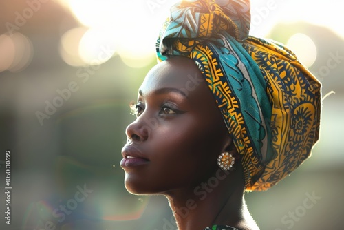 A striking artistic portrait of a woman with a colorful patterned headscarf, looking into the distance, captured in sunlight, exuding elegance and cultural richness. photo